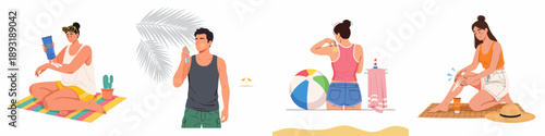Collection of flat vector illustrations demonstrating various individuals applying sunscreen and sunblock for skin protection during summer holidays and outdoor activities.
