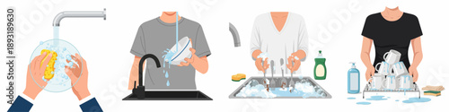 Hand dishwashing process vector illustration set: scrubbing plates, rinsing bowls, soaking cutlery in soapy water, and drying mugs on a rack.