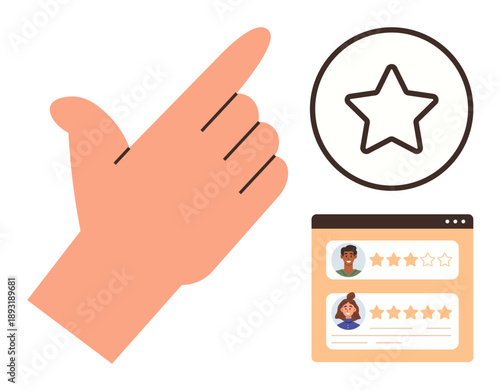 User feedback, online rating, performance evaluation, customer satisfaction, review systems, quality assurance. Hand pointing to a star icon and a review interface. User feedback and online rating