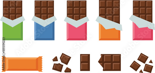 Chocolate Bar Collection Illustration Set with Wrapped and Unwrapped Pieces