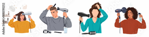 Set of four diverse people styling and drying their hair using blow dryers, representing daily self-care and beauty routines.