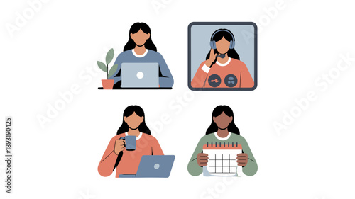 Illustrative depictions of women engaged in various activities, each symbolizing different aspects of their daily routines.