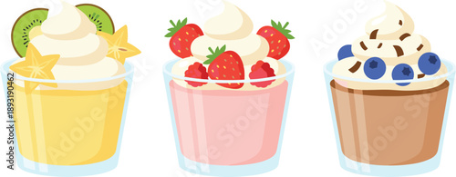 Colorful Yogurt Cups with Fruit Toppings and Whipped Cream Illustration Set