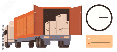 Logistics, transportation, cargo delivery, supply chain, shipping management, freight services. Truck with open trailer and boxes, a clock icon and a document. Logistics and transportation concept