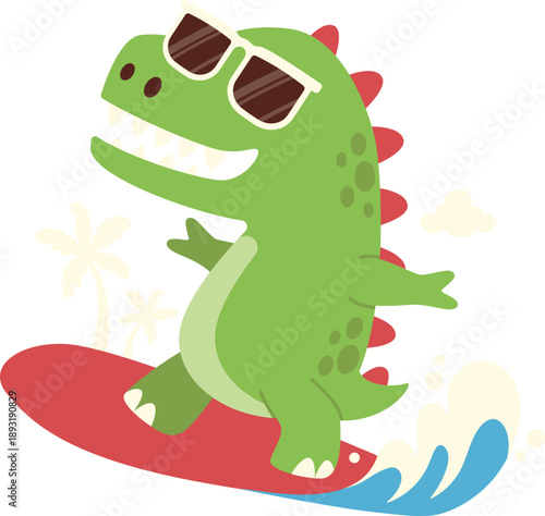 Cartoon Dinosaur Surfing on a Wave Sticker
