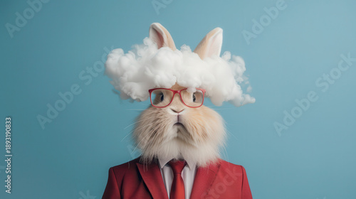 A rabbit wearing glasses and a red suit with a cloud on its head