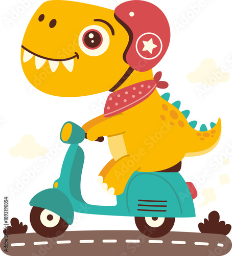 Cute Dinosaur Character Riding a Scooter Illustration