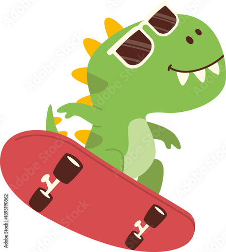 Cartoon Dinosaur Skateboarding in Sunglasses