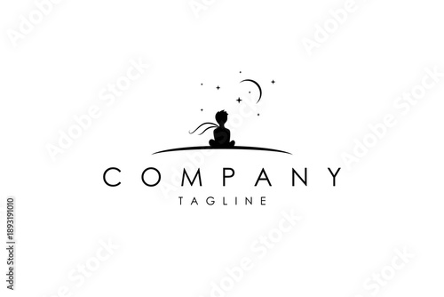 Silhouette illustration logo image of a child sitting enjoying the night atmosphere by looking at the crescent moon and stars.