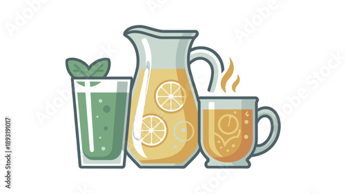 Refreshing drinks served in a clear glass and pitchers.