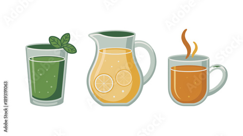 Refreshing beverages: a selection of drinks, featuring green juice, lemonade, and tea, artfully arranged to tantalize and quench thirst.