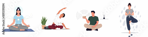 Wellness and mindfulness practices set: people meditating, performing yoga poses, stretching, and using a singing bowl for sound healing and inner peace.