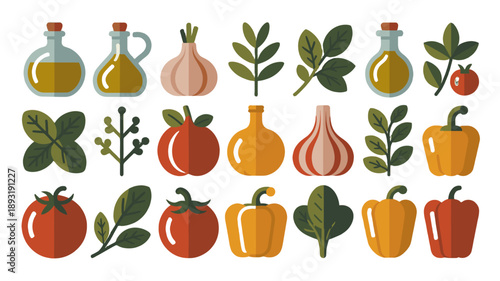 A set of graphic resource vector illustrations, including culinary components like olive oil, herbs, vegetables, and more.