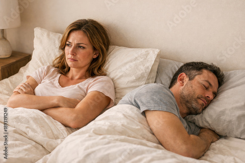 photo of a woman lying awake in bed with her arms crossed while her husband sleeps beside her, turned away and unaware. Soft warm bedroom lighting, neutral tones convey emotional loneliness, conflict