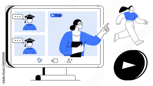 Online education, distance learning, digital teaching, e-learning, remote training, modern communication. Teacher instructing students in video call interface. Online education and distance learning