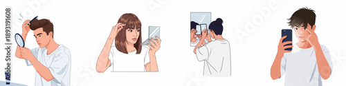 Daily Beauty and Grooming Routines: Illustrations of people checking hair, plucking eyebrows, and inspecting appearance with mirrors and phones.