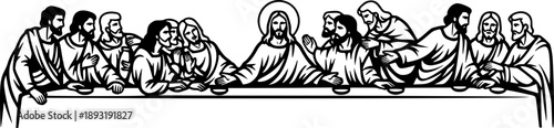 Black and White Illustration of The Last Supper Scene Depicting

