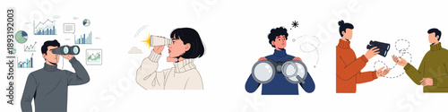 Foresight and Business Strategy Concepts: Vector illustrations of people using binoculars and data graphs for searching, opportunity finding, and market analysis.