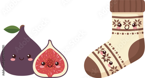 Cute Fig Fruit and Cozy Patterned Winter Sock Illustration