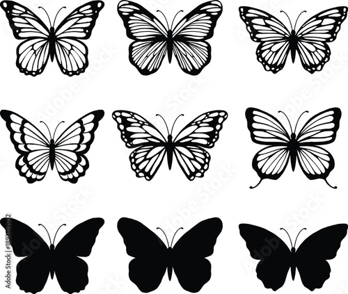 Modern minimalist butterfly silhouette and stencil set, black and white vector line art for nature and decoration design isolated