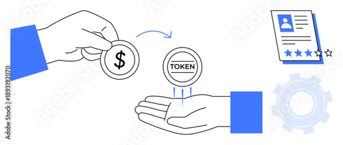 Hand holding dollar coin exchanging for token over open palm, user profile with ratings, cogwheel. Ideal for finance, blockchain, tokens, transactions, credentials ratings digital systems. Simple