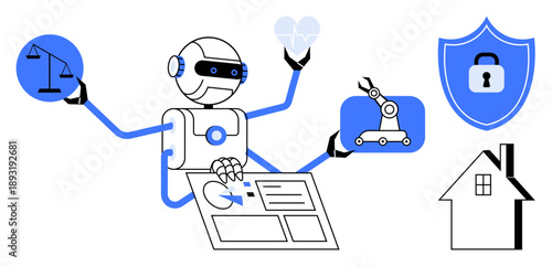 Artificial intelligence, programming, automation, healthcare, security, home technology. Robot managing healthcare, legal security and automation applications. AI and programming innovation concept