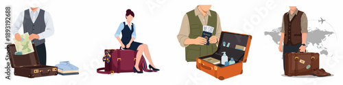 Illustrations of travelers packing suitcases, organizing travel documents, and planning their global journey, highlighting readiness for adventure.