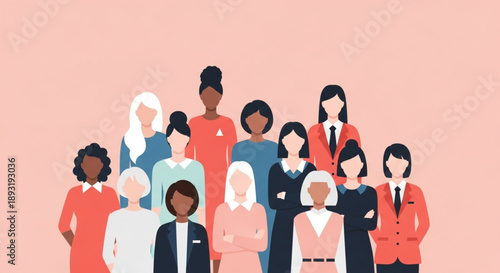 Group of confident women representing different occupations, modern workforce, gender balance and women contribution in society flat vector illustration