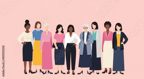 Illustration of women standing side by side showing unity, diversity and equal representation of females in modern world vector design
