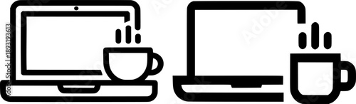 Two modern laptops with steaming coffee cups representing work from home remote work or casual browsing