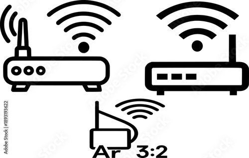 Set of three wireless routers emitting signals for internet connectivity representing modern communication technology