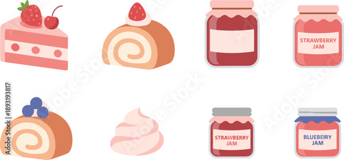 Strawberry and Blueberry Dessert and Jam Illustration Set with Cake and Roll