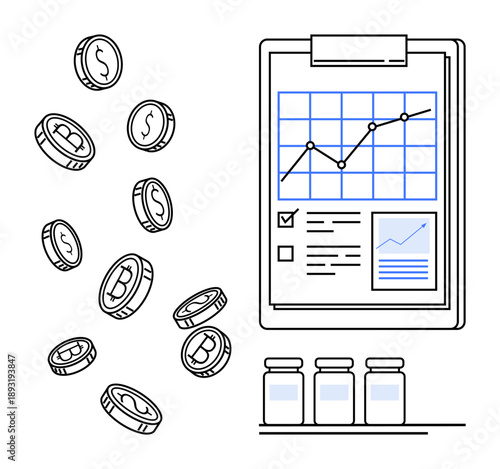 Cryptocurrency, stock market, financial data, investment strategy, fintech, analytics. Graph on a clipboard, falling coins jars on shelf. Cryptocurrency and stock market concepts