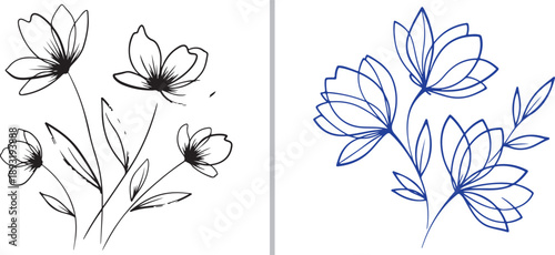 Elegant floral line art featuring delicate wildflower blossoms and leaves. Hand-drawn sketches in black and deep blue ink offer a minimalist botanical aesthetic with fine, sweeping strokes.