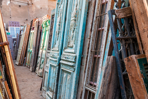 Africa, Egypt, Cairo, Sebteyya District. Iron and Woodwork salvage area with repurposed parts of buildings for sale.