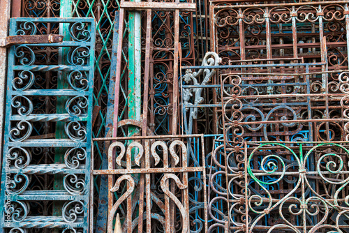 Africa, Egypt, Cairo, Sebteyya District. Iron and Woodwork salvage area with repurposed parts of buildings for sale.