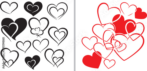 Hand-drawn heart collection featuring elegant brushstroke outlines, overlapping romantic shapes, and a tiny heart bouquet. Rendered in classic black ink and passionate red line art.