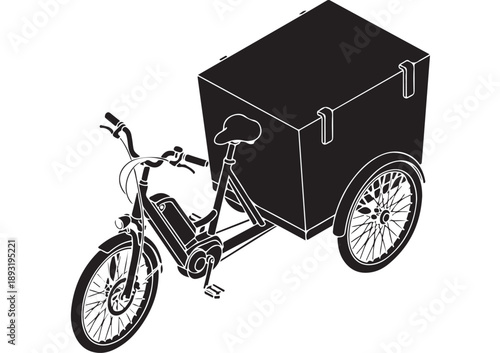 Electric cargo bike with large storage box for urban deliveries.
