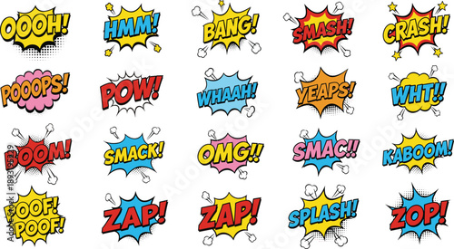 Comic sound effects collection, pop art speech bursts with boom, zap, pow, crash words, colorful cartoon text vector