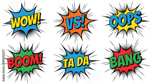 Comic speech bubbles set with wow, boom, bang, oops, vs, ta da text, pop art explosion style vector