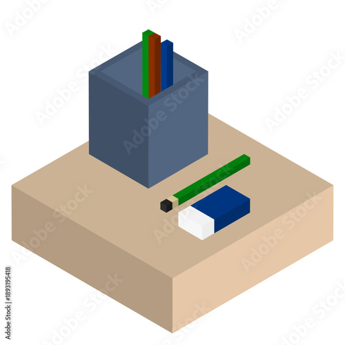 アイソメトリックで描かれたブロック風のペン立てと鉛筆、消しゴムのイラスト