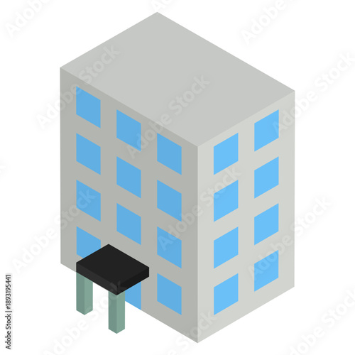 アイソメトリックで描かれたブロック風のシンプルなオフィスビルのイラスト
