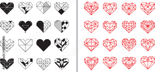 A creative collection of geometric heart vectors featuring low-poly, origami, and faceted styles. Rendered in sharp black-and-white silhouettes and vibrant red wireframe designs.