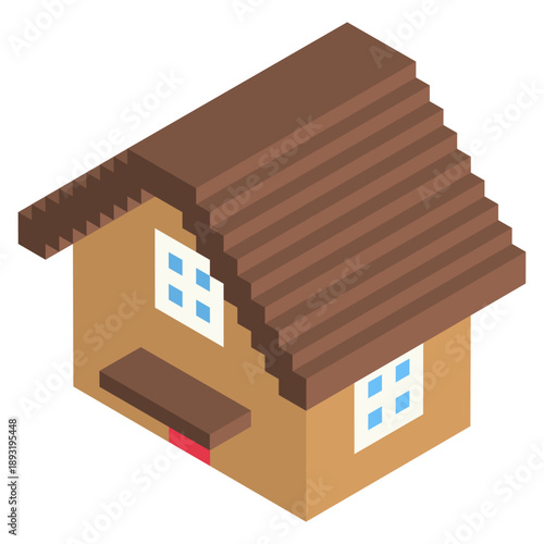 アイソメトリックで描かれたシンプルな木造住宅の立体イラスト