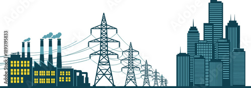 Industrial power plant and city skyline, electricity transmission towers, urban energy infrastructure, factory pollution, modern cityscape vector illustration