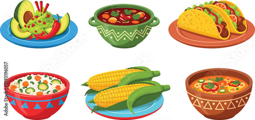 Mexican food set with tacos, guacamole, soup, salad, corn, traditional cuisine dishes, colorful Latin American meal collection illustration