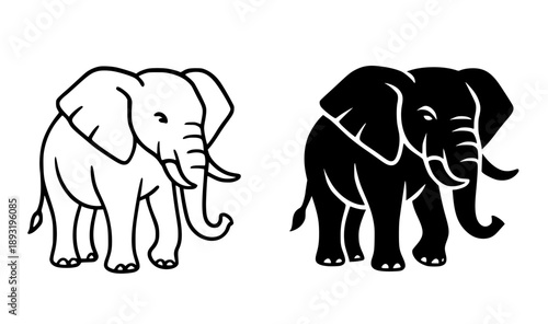 Elephant illustration icon, black and white in outline and silhouette style