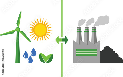 Renewable and nonrenewable energy comparison, green power sources versus factory pollution, sustainability concept, clean environment, vector illustration design
