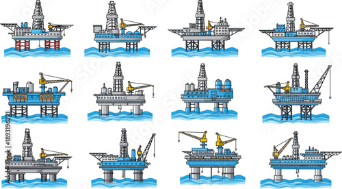 Offshore oil rigs collection, sea drilling platforms, industrial maritime structures, ocean energy production, petroleum industry equipment vector set