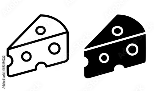 Cheese illustration icon, black and white in outline and silhouette style